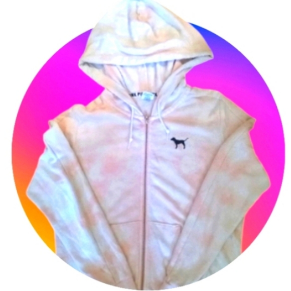 PINK VS Full Zip Up Hoodie Tie Dye Light Pink & White w/ Black Dog Logo - Picture 4 of 7